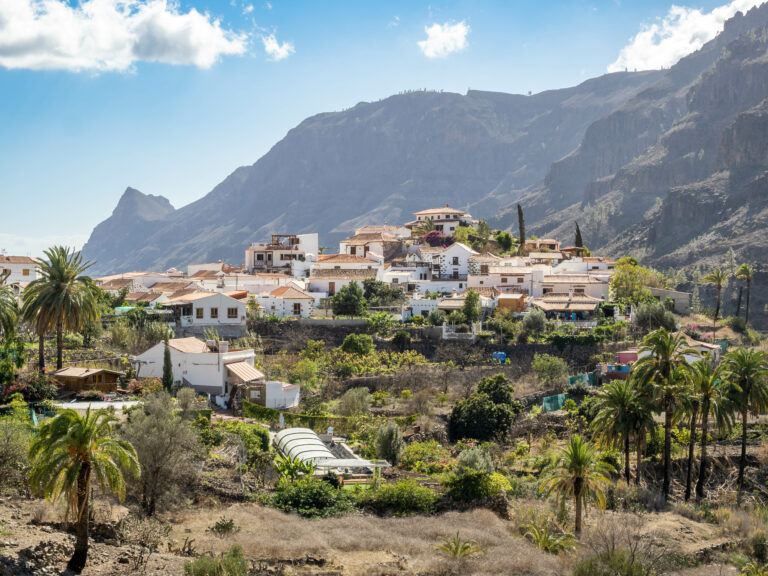 View on Fataga village located in the Barranco de Fataga Valley, impressive mountain landscape, Canary Islands, Spain